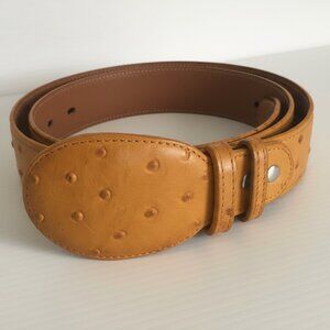 Western Cowboy Leather Belt Ostrich Quill Print Buttercup Rodeo Buckle Cinto